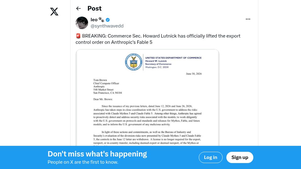 Screenshot of twitter.com: Claude Fable 5 export control lifted