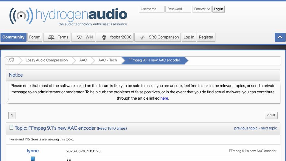Screenshot of hydrogenaudio.org: FFmpeg 9.1's new AAC encoder