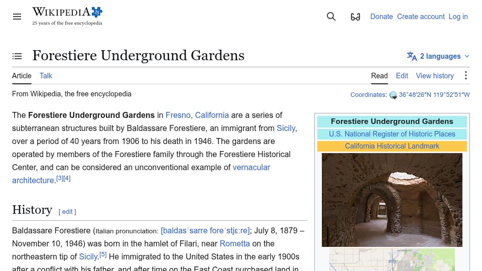 Screenshot of en.wikipedia.org: Forestiere Underground Gardens