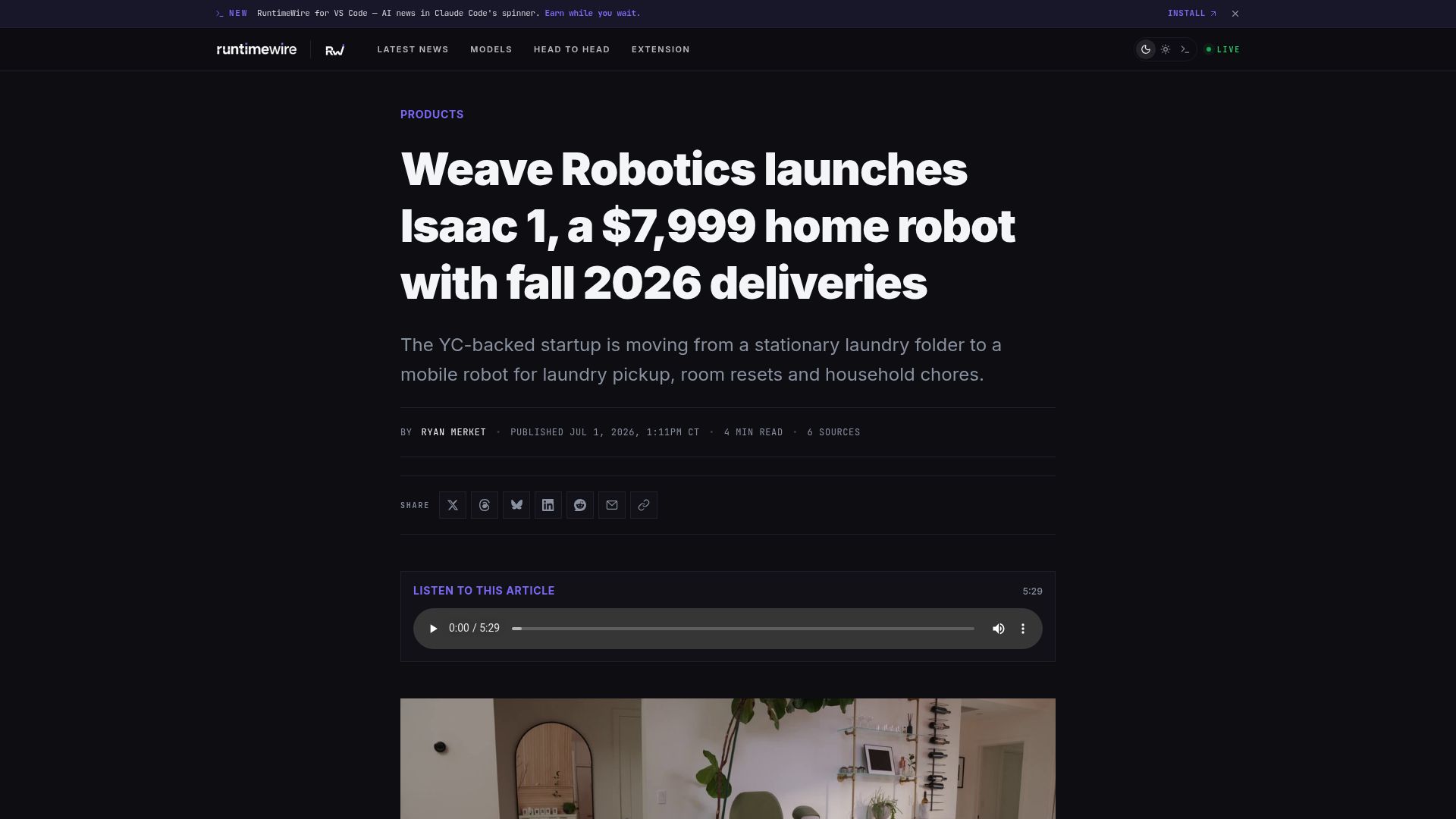 Screenshot of weaverobotics.com: Weave Robotics launches Isaac 1, a $7,999 home robot with Fall 2026 deliveries