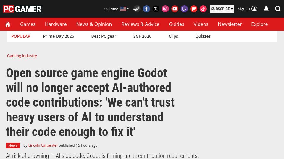 Screenshot of pcgamer.com: Godot will no longer accept AI-authored code contributions