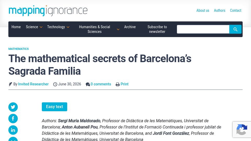 Screenshot of mappingignorance.org: The mathematical secrets of Barcelona's Sagrada Familia