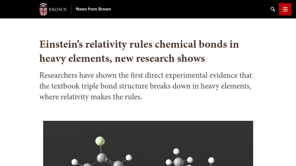 Screenshot of brown.edu: Einstein's relativity rules chemical bonds in heavy elements, new research shows