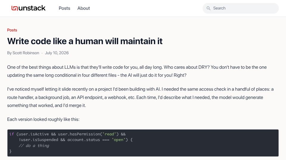Screenshot of unstack.io: Write code like a human will maintain it