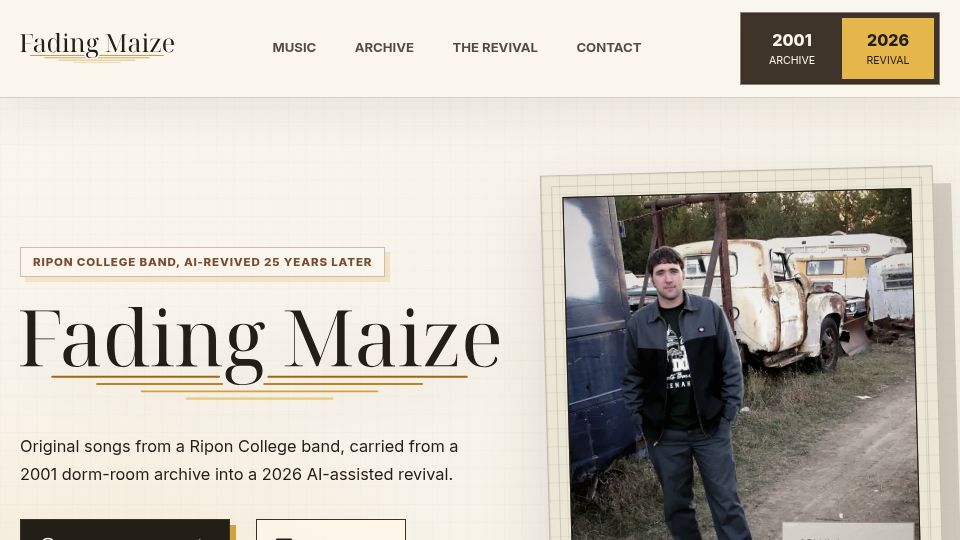 Screenshot of fadingmaize.com: Show HN: Reviving my 2001 college band with AI