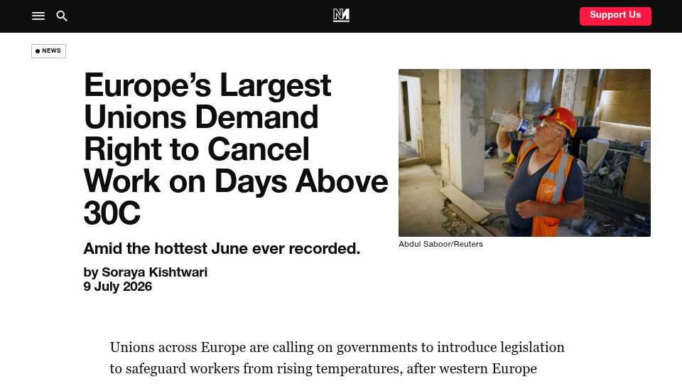 Screenshot of novaramedia.com: Europe's Largest Unions Demand Right to Cancel Work on Days Above 30C