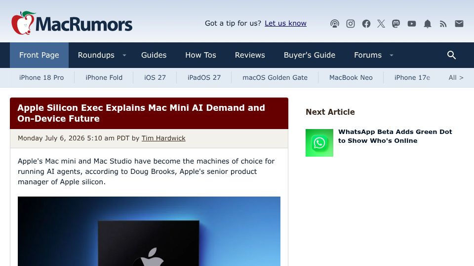 Screenshot of macrumors.com: Apple Silicon Exec Explains Mac Mini AI Demand and On-Device Future