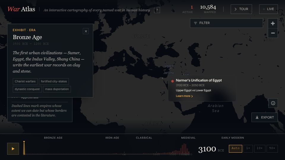 Screenshot of waratlas.org: War Atlas: An interactive cartography of every named war in human history