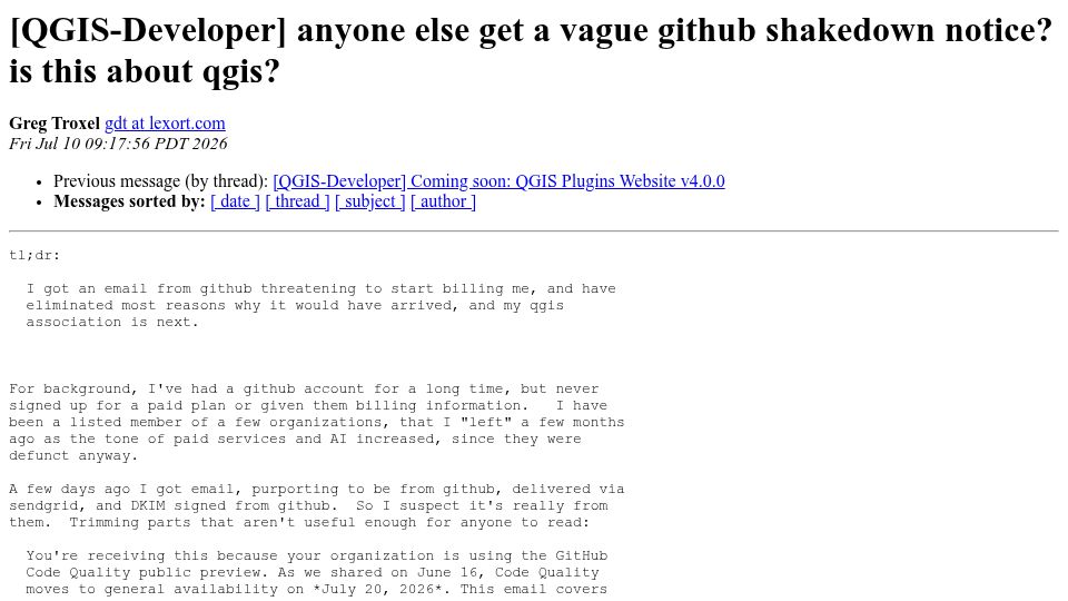 Screenshot of lists.osgeo.org: Anyone else get a vague GitHub shakedown notice?