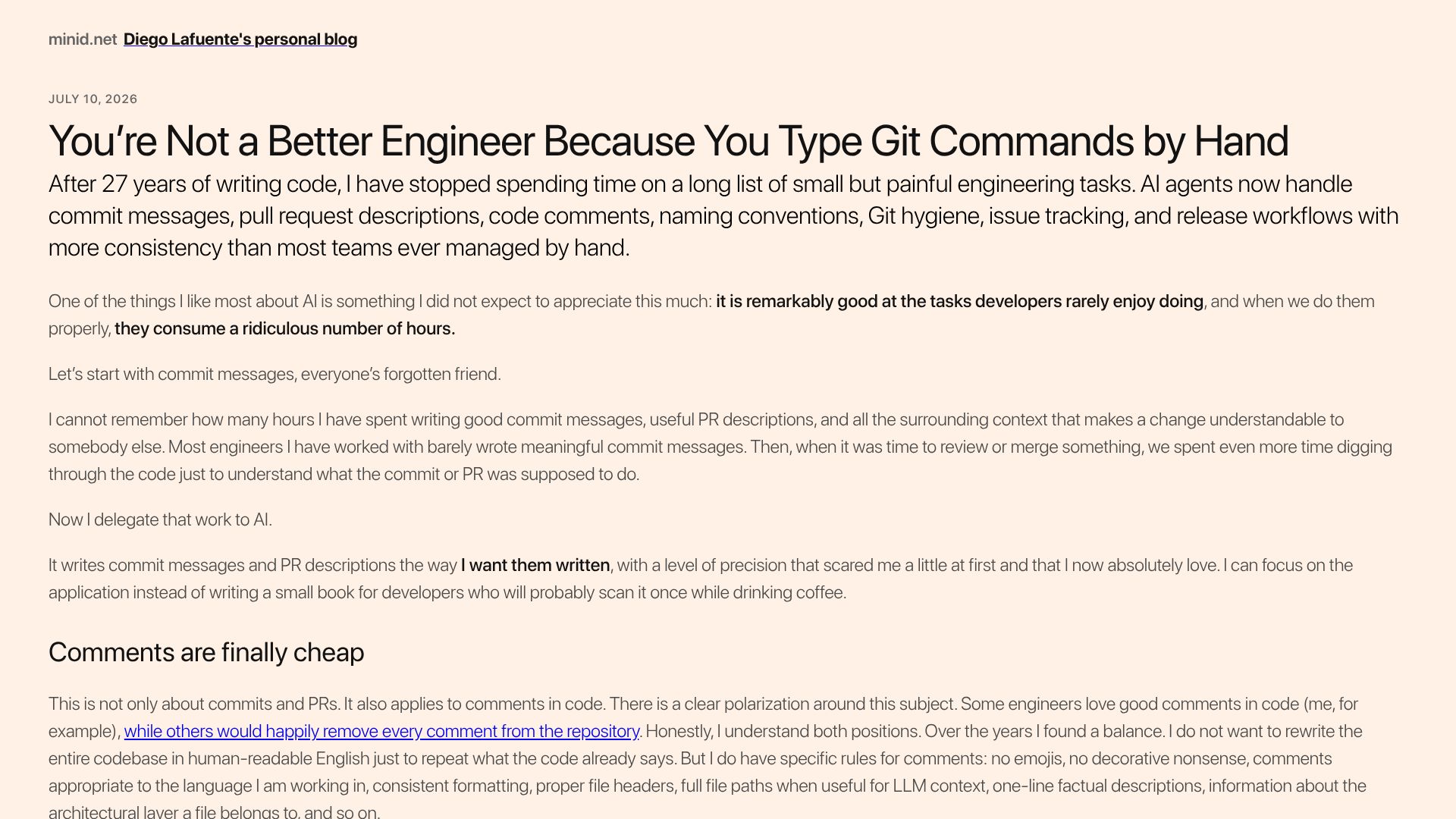 Screenshot of minid.net: You're Not a Better Engineer Because You Type Git Commands by Hand