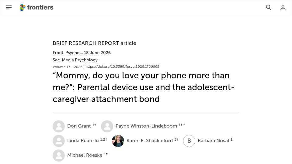 Screenshot of frontiersin.org: Parental device use and the adolescent-caregiver attachment bond