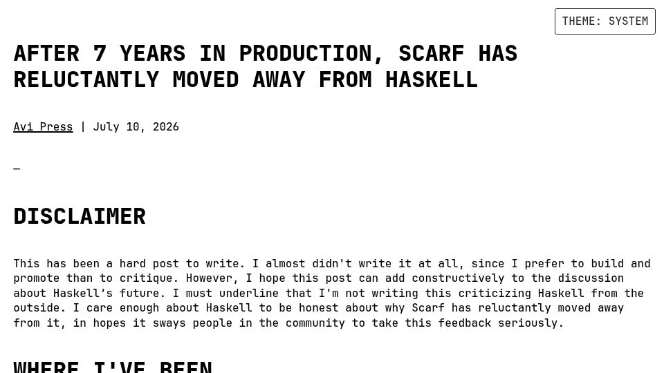 Screenshot of avi.press: After 7 years in production, Scarf has reluctantly moved away from Haskell