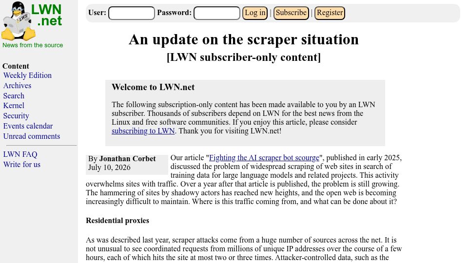 Screenshot of lwn.net: An update on residential proxies and the scraper situation