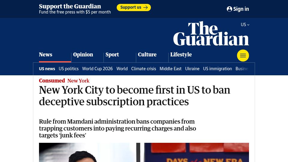 Screenshot of theguardian.com: New York City to ban deceptive subscription practices