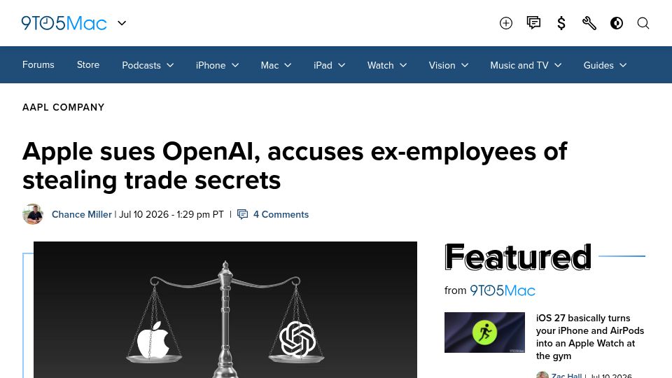 Screenshot of 9to5mac.com: Apple sues OpenAI, accuses ex-employees of stealing trade secrets