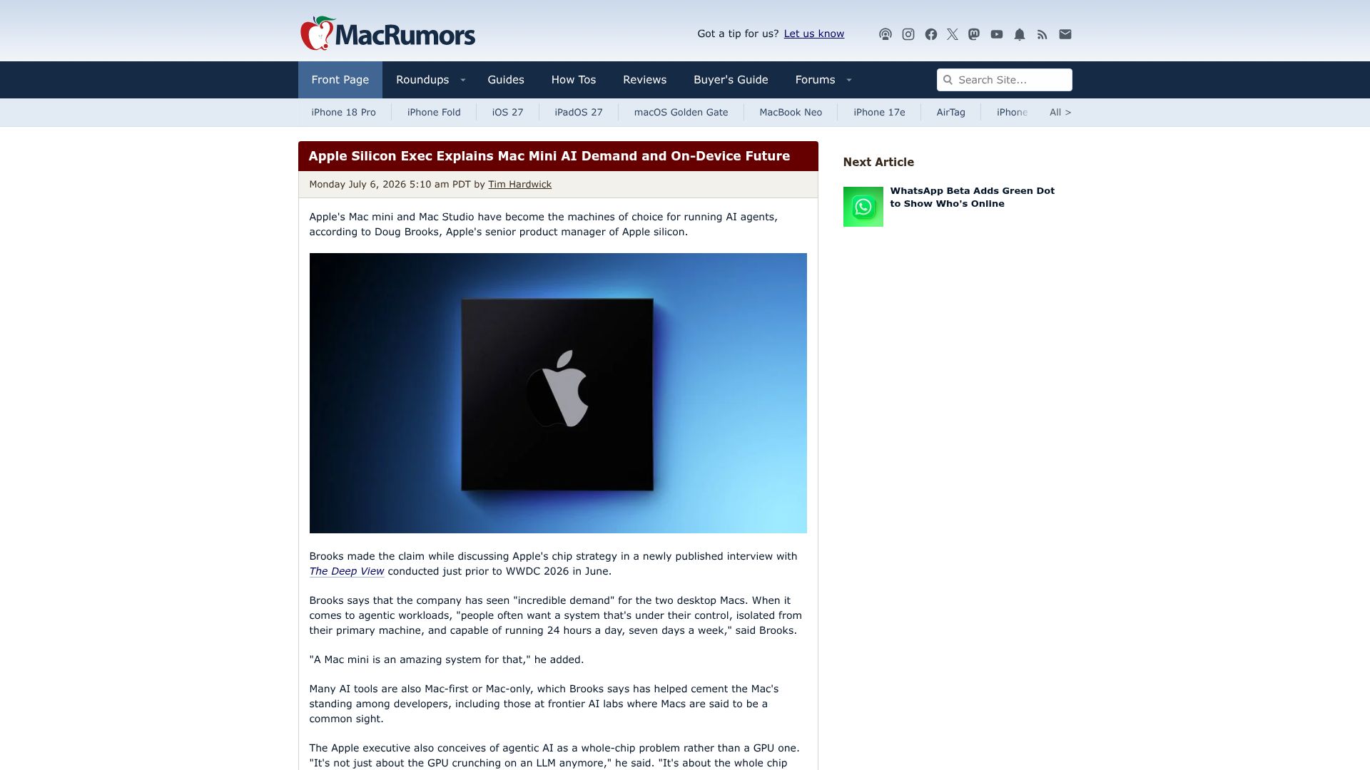 Screenshot of macrumors.com: Apple Silicon Exec Explains Mac Mini AI Demand and On-Device Future
