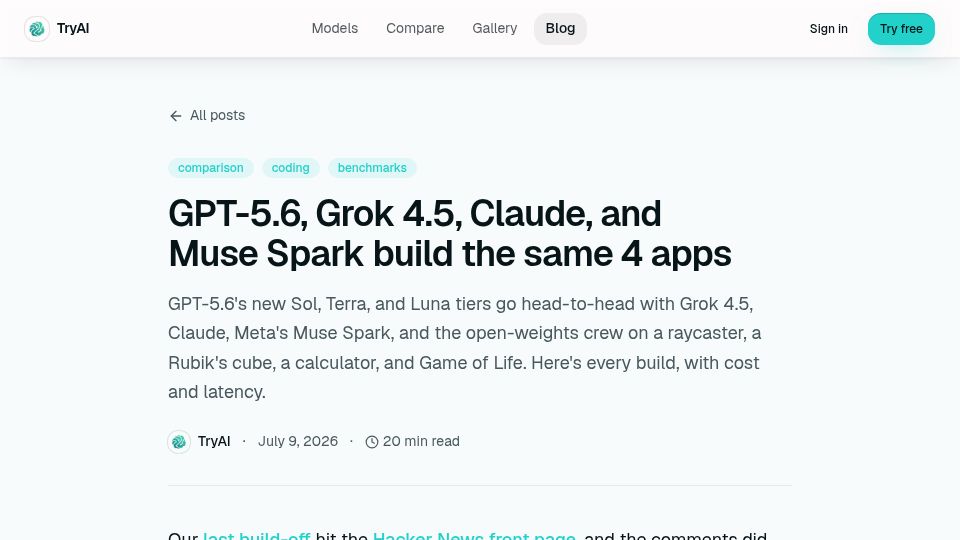 Screenshot of tryai.dev: GPT-5.6, Grok 4.5, Claude, and Muse Spark build the same 4 apps