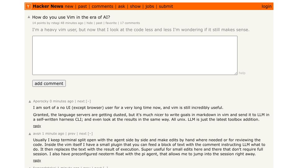 Screenshot of Hacker News post: How do you use Vim in the era of AI?