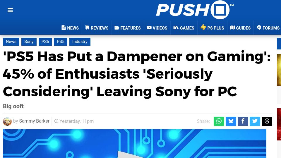 Screenshot of pushsquare.com: 45% of Enthusiasts 'Seriously Considering' Leaving Sony for PC