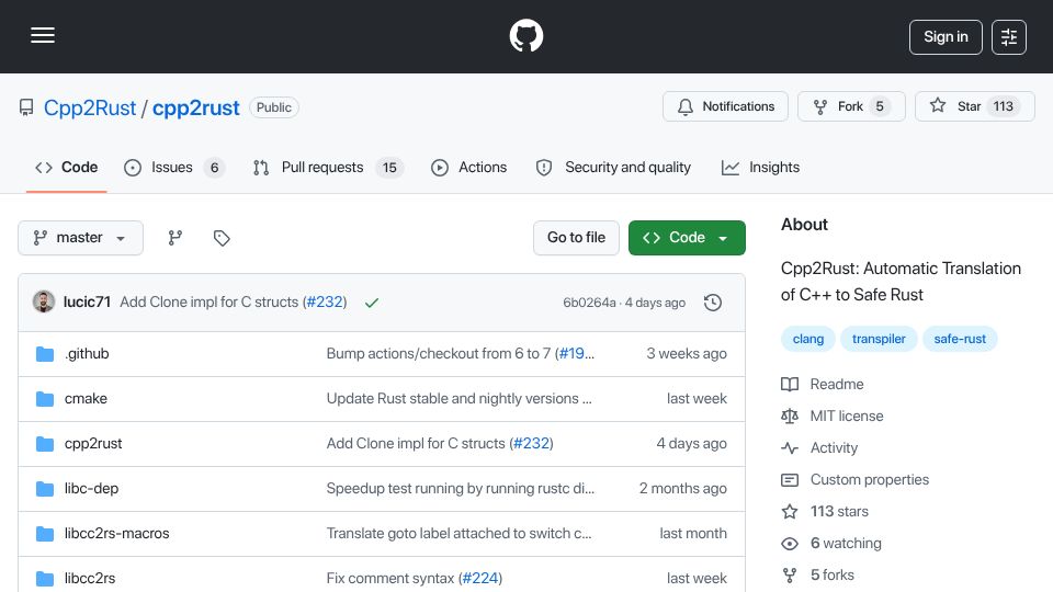 Screenshot of github.com: Cpp2Rust: Translates C++ to safe Rust automatically