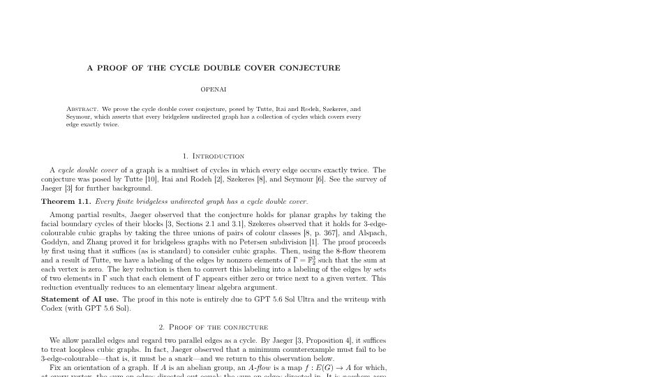 Screenshot of cdn.openai.com: GPT-5.6 Sol Ultra produces proof of the Cycle Double Cover Conjecture [pdf]