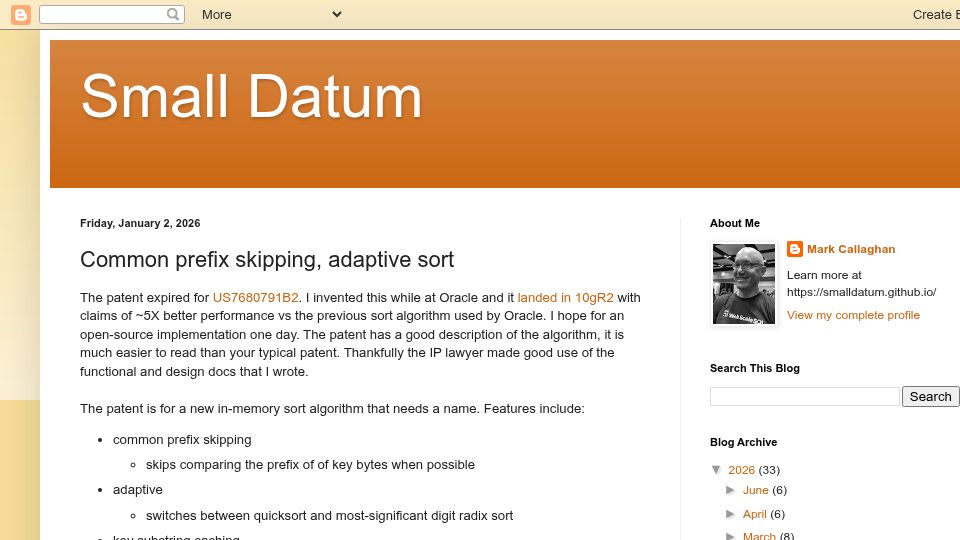 Screenshot of smalldatum.blogspot.com: Common prefix skipping, adaptive sort