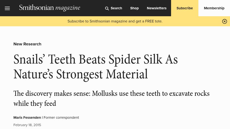 Screenshot of smithsonianmag.com: Snails' teeth beats spider silk as nature's strongest material (2015)
