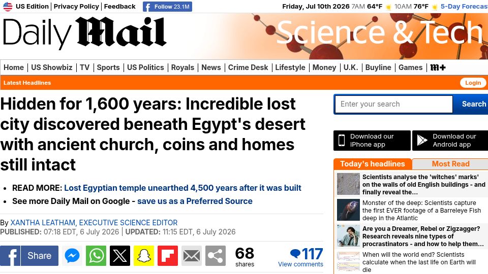 Screenshot of dailymail.com: Lost city discovered beneath Egypt's desert with ancient church