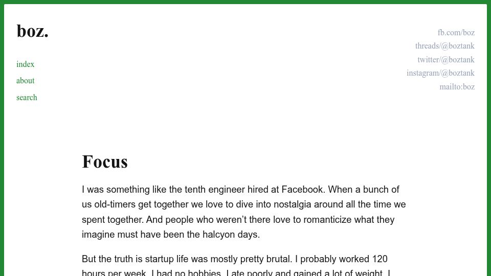 Screenshot of boz.com: Focus