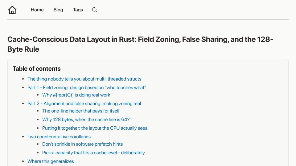 Screenshot of debasishg.github.io: Cache-Conscious Data Layout in Rust: Field Zoning, False Sharing, 128-Byte Rule