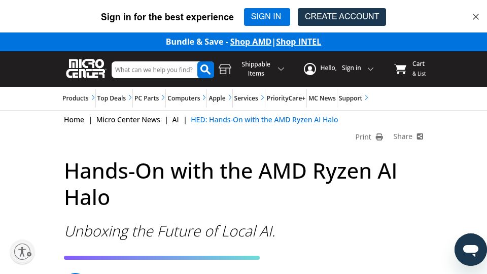 Screenshot of microcenter.com: Hands-On with the AMD Ryzen AI Halo