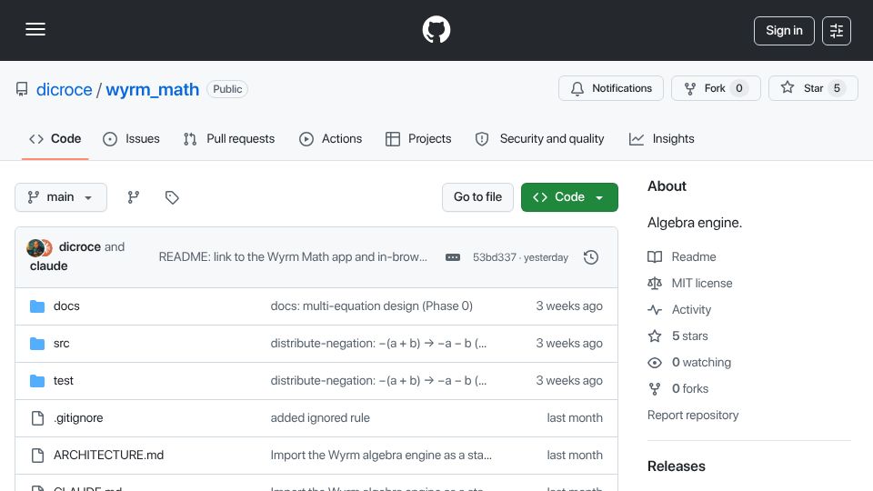 Screenshot of github.com: Show HN: Wyrm – Solve algebra by touch, built on an open-source soundness engine