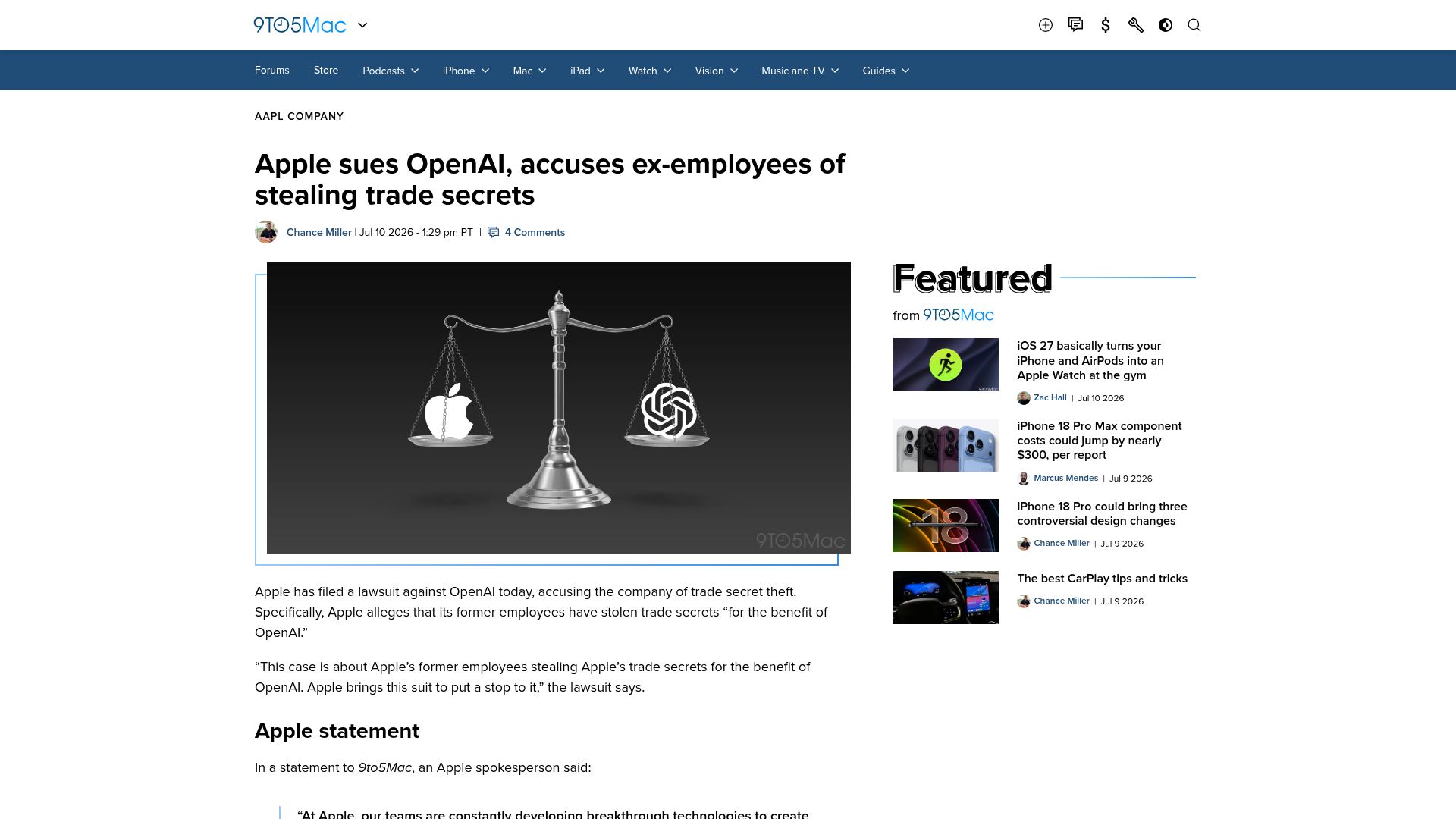 Screenshot of 9to5mac.com: Apple sues OpenAI, accuses ex-employees of stealing trade secrets