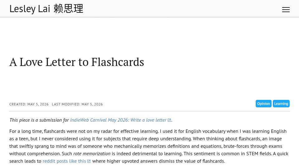 Screenshot of lesleylai.info: A love letter to flashcards