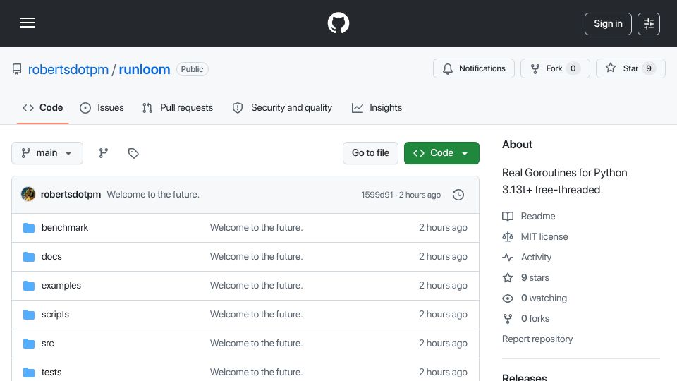 Screenshot of github.com: Show HN: Runloom – Go-style coroutines for Python free-threaded