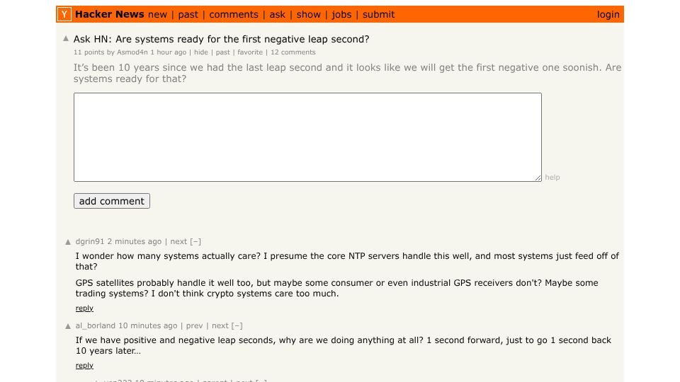 Screenshot of Hacker News post: Ask HN: Are systems ready for the first negative leap second?