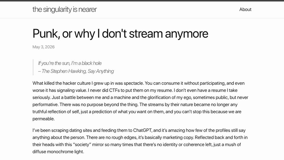 Screenshot of geohot.github.io: Punk, or why I don't stream anymore