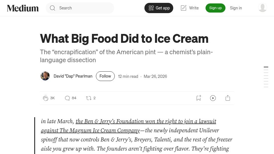 Screenshot of medium.com: What Big Food Did to Ice Cream