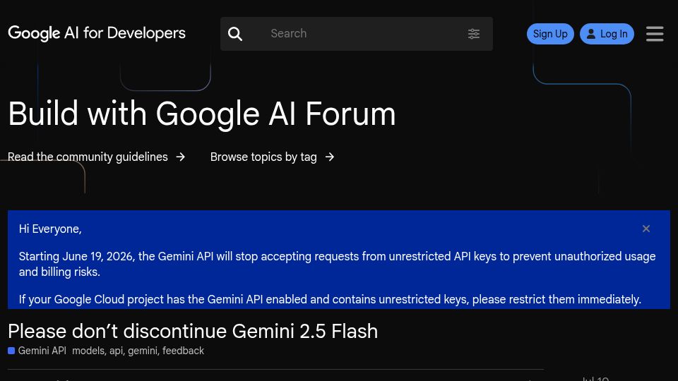 Screenshot of discuss.ai.google.dev: Please don't discontinue Gemini 2.5 Flash