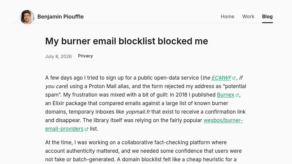 Screenshot of benjamin.piouffle.com: My burner email blocklist blocked me
