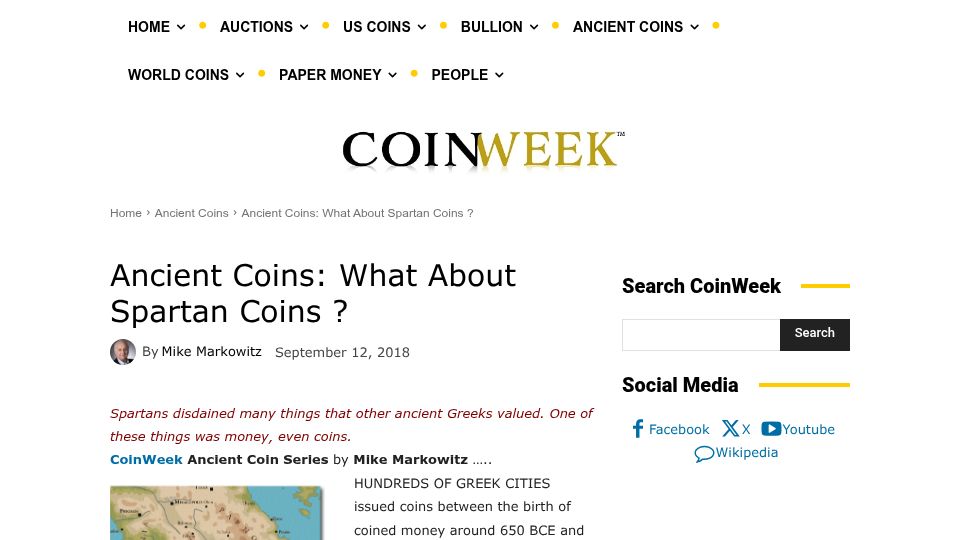 Screenshot of coinweek.com: Ancient Coins: What About Spartan Coins?