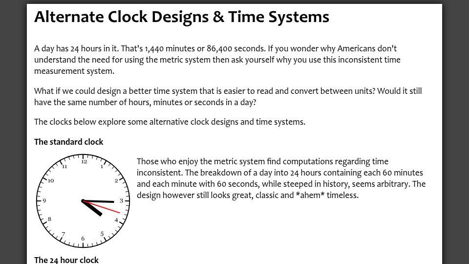 Screenshot of serialc.github.io: Alternate clock designs and time systems