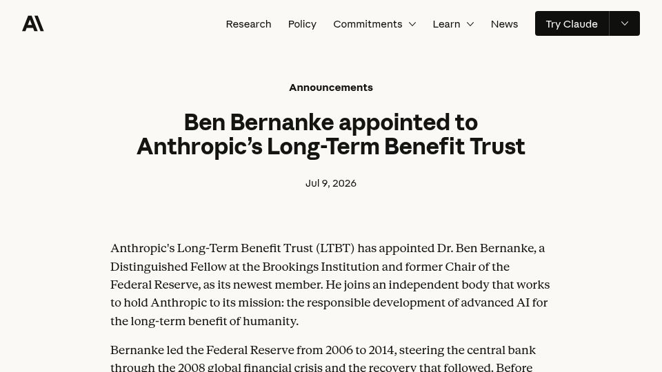 Screenshot of anthropic.com: Ben Bernanke Joins Anthropic Oversight Trust