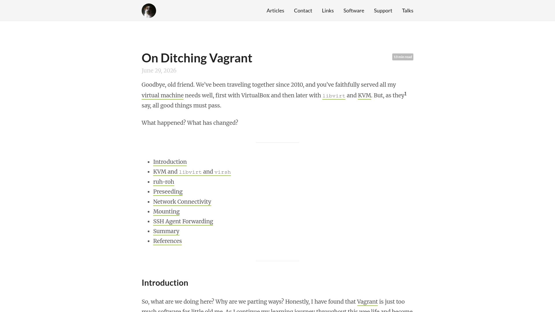 Screenshot of benjamintoll.com: Ditching Vagrant: VMs with KVM and Virsh on Debian