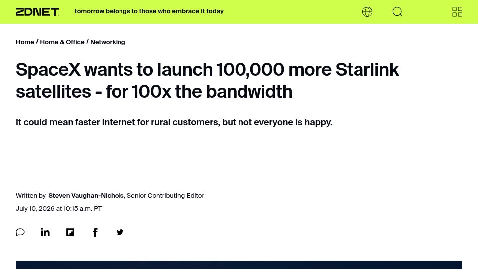 Screenshot of zdnet.com: SpaceX wants to launch 100k more Starlink satellites for 100x the bandwidth