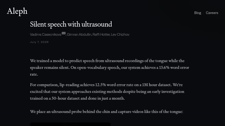 Screenshot of alephneuro.com: Silent speech with ultrasound