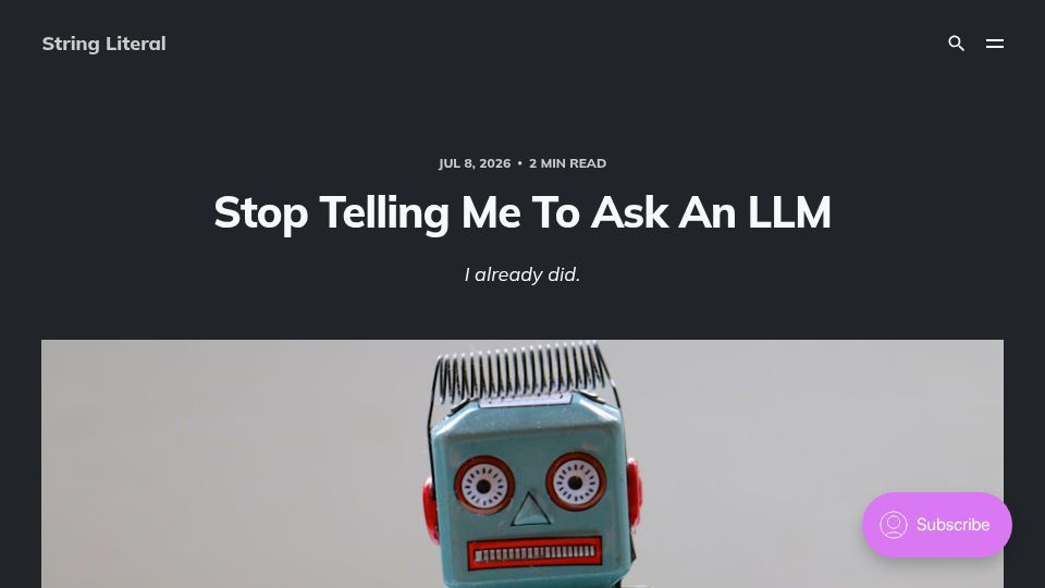 Screenshot of blog.yaelwrites.com: Stop Telling Me to Ask an LLM