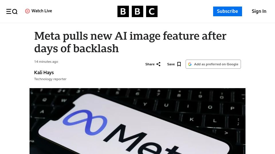 Screenshot of bbc.com: Meta pulls new AI image feature after days of backlash