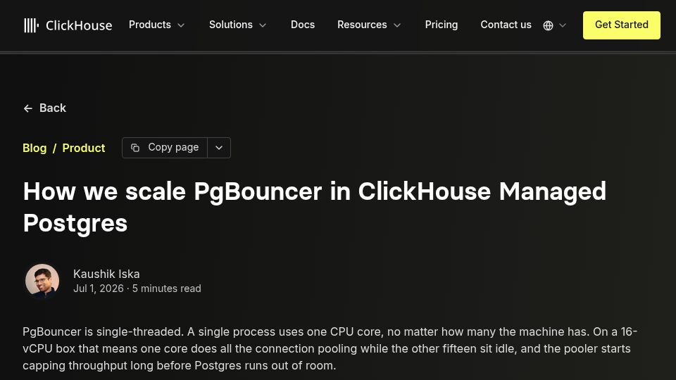 Screenshot of clickhouse.com: We scaled PgBouncer to 4x throughput