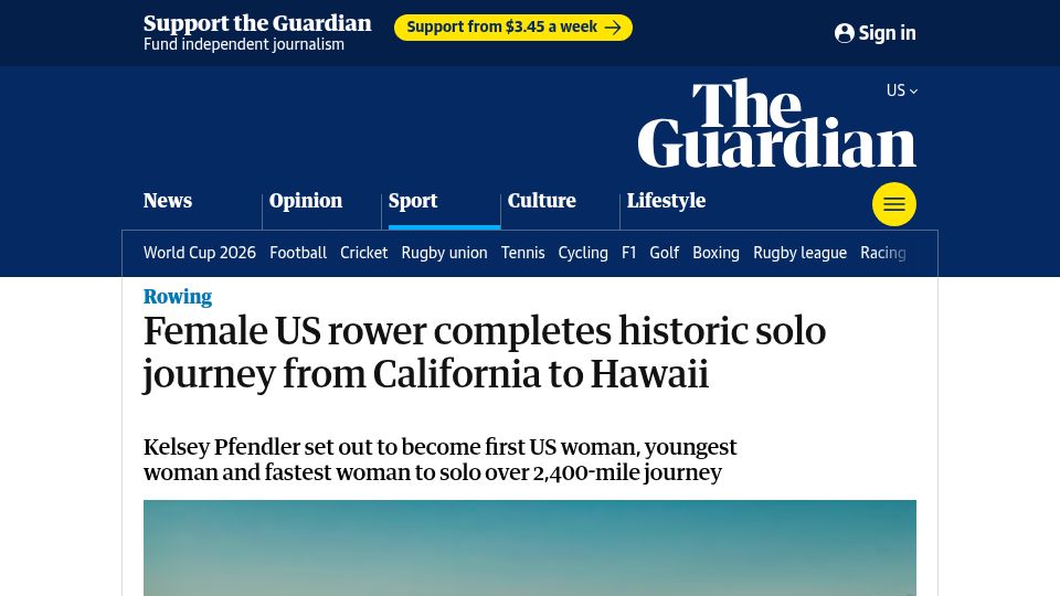 Screenshot of theguardian.com: Female US rower completes historic solo journey from California to Hawaii